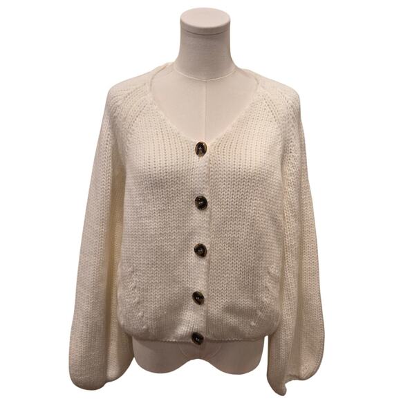 HYFVE Cream Button V-Neck Balloon Sleeve Open Knit Cardigan Sweater Womens Large - Picture 1 of 9